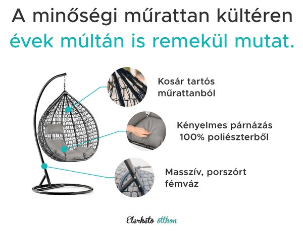 Fekete függőfotel KOKON állvánnyal, zöld-fehér párna