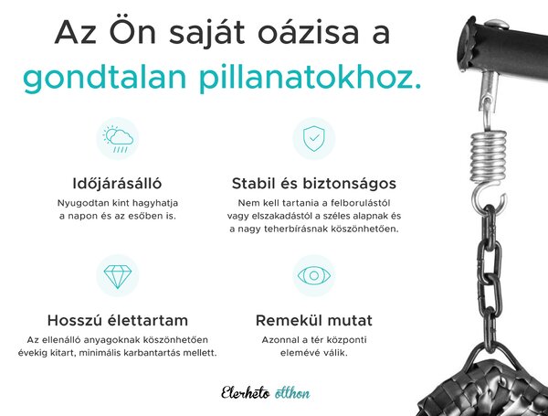 Fekete függőfotel KOKON állvánnyal, zöld-fehér párna