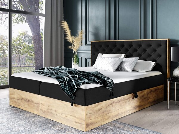 Wilsondo WOOD 3 ágyneműtartós kárpitozott boxspring ágy matraccal - fekete Kronos Méret: 160x200