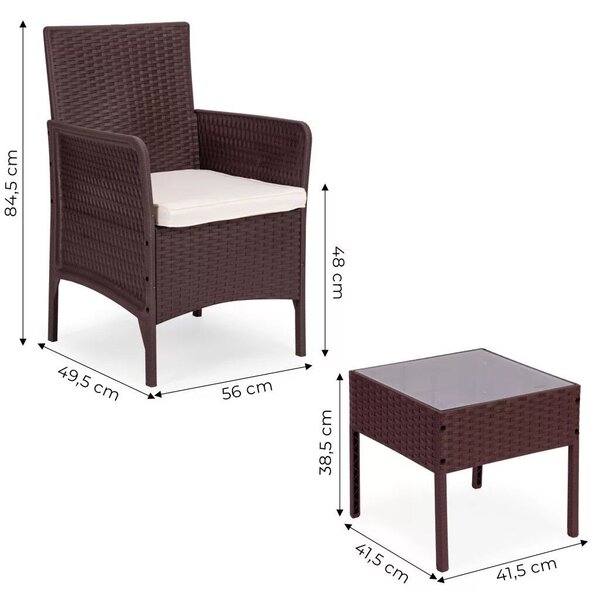 Barna 2 személyes kerti bútor szett, 2 fotel + üvegasztal, polyrattan hatás