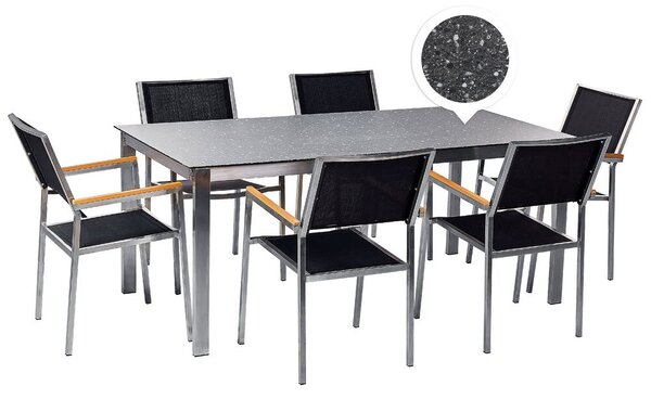 Hatszemélyes fekete gránithatású üveg étkezőasztal fekete székekkel COSOLETO/GROSSETO