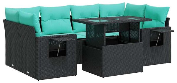 VidaXL 7 részes fekete polyrattan akácfa kerti ülőgarnitúra párnákkal