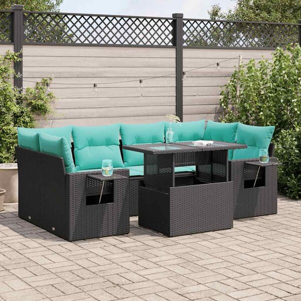 VidaXL 7 részes fekete polyrattan akácfa kerti ülőgarnitúra párnákkal