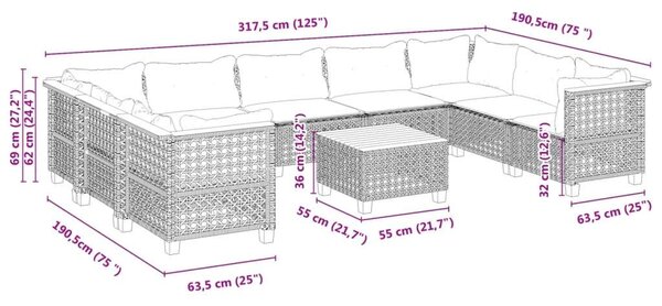 Polyrattan Kerti Ülőgarnitúra - 10 részes - Fekete
