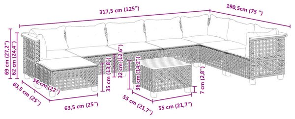 Polyrattan Kerti Ülőgarnitúra - 9 részes - Fekete