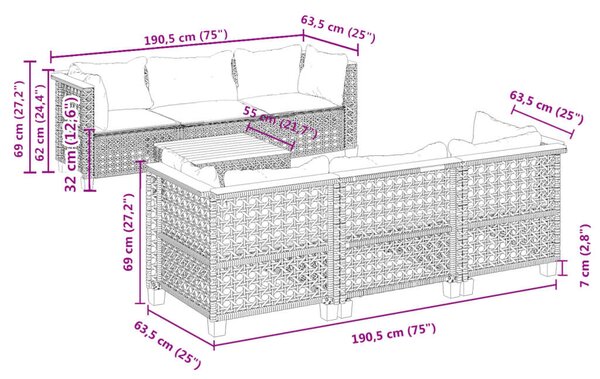 VidaXL Polyrattan Kerti Ülőgarnitúra - 7 részes - Fekete