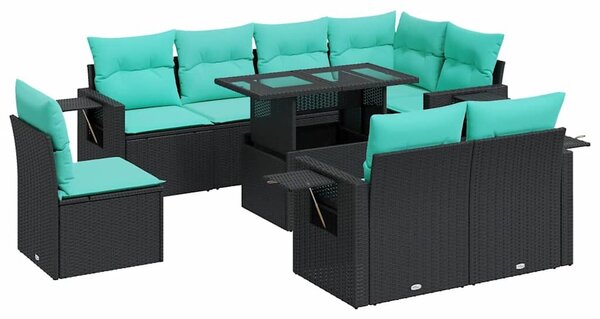 VidaXL 9 részes fekete polyrattan akácfa kerti ülőgarnitúra párnákkal