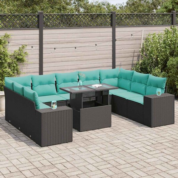 VidaXL 10 részes fekete polyrattan akácfa kerti ülőgarnitúra párnákkal