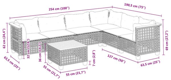 VidaXL 7 részes fekete polyrattan kerti ülőgarnitúra párnával