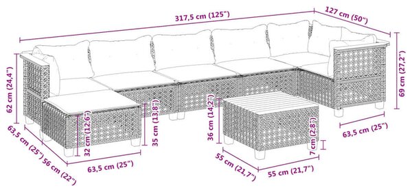 VidaXL 8 részes fekete polyrattan kerti ülőgarnitúra párnákkal