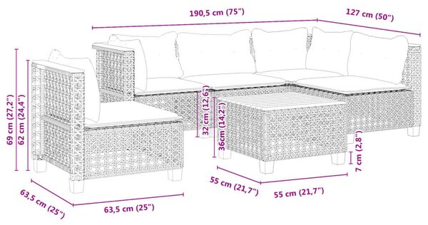 Polyrattan Kerti Ülőgarnitúra - 6 részes - Fekete