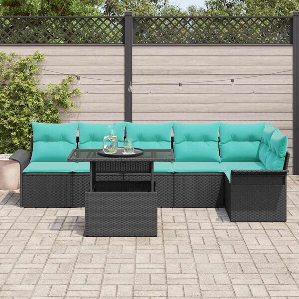 VidaXL Kerti Kanapé Szett párnával tárolóval 7 pcs Fekete Poli rattan