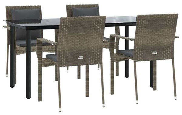 VidaXL 5 részes fekete és szürke polyrattan kerti étkezőszett párnával
