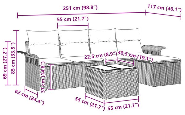 6 részes kert kanapé szett párnával fekete poli rattan