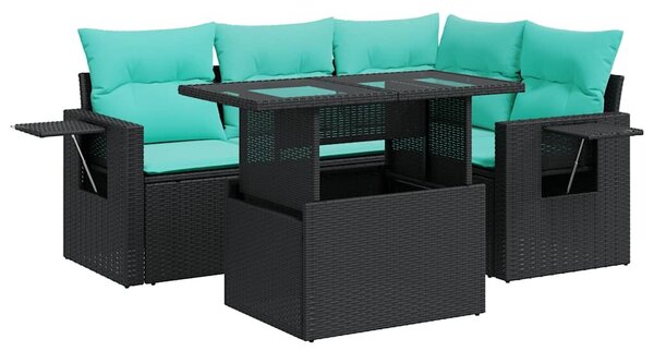 VidaXL 5 részes fekete polyrattan akácfa kerti ülőgarnitúra párnával