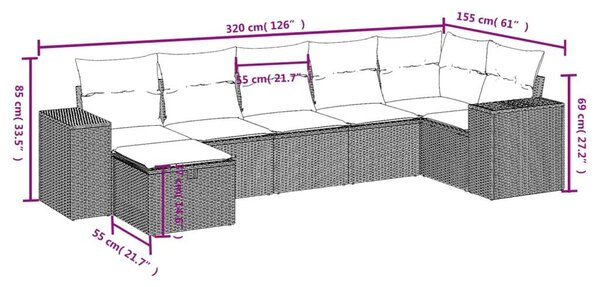 Polyrattan Kerti Ülőgarnitúra - 7 részes - Fekete