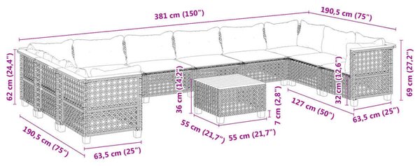 VidaXL Polyrattan Kerti Ülőgarnitúra - 11 részes - Fekete