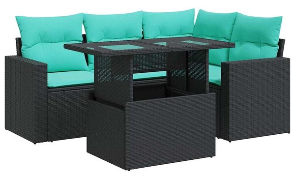 VidaXL 5 részes fekete polyrattan akácfa kerti kanapészett párnákkal