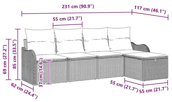 Kerti Kanapé Szett 5 pcs Fekete és krémszínű 231 x 117 x 85 cm