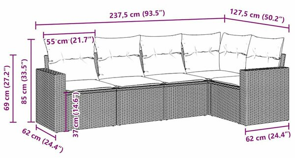 Polyrattan Kerti Ülőgarnitúra - 5 részes - Barna