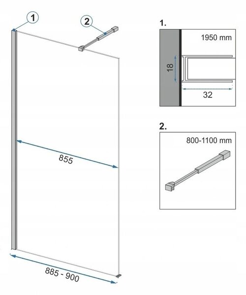 Rea Aero, zuhanykabin paravánja 90 cm + EVO polc és akasztó, 8 mm átlátszó üveg, fekete profil, KPL-K7581