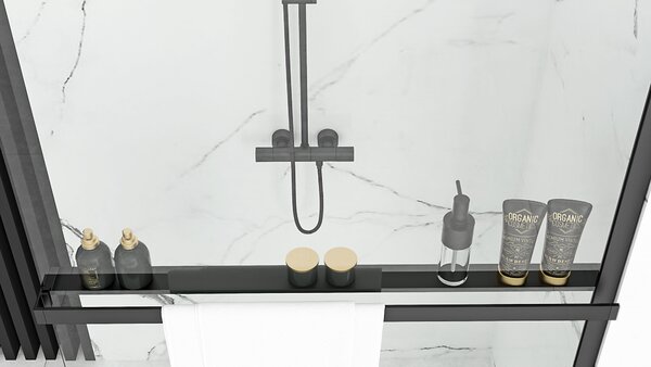 Rea Bler, zuhany paraván 90x195 cm, 8mm átlátszó üveg, fekete matt profil + EVO polc és akasztó, KPL-K7638
