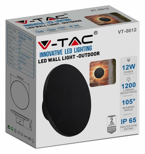 V-TAC indirekt világítású 12W kültéri, kerek fekete LED lámpa, meleg fehér - SKU 6787
