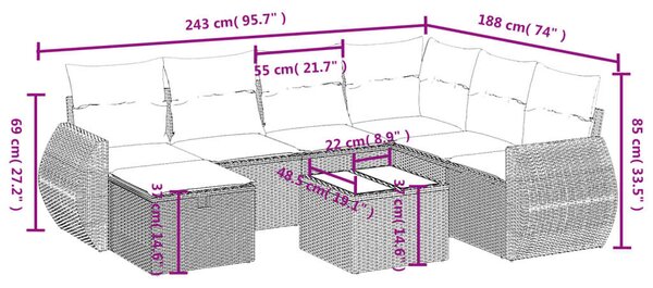 VidaXL Polyrattan Kerti Ülőgarnitúra - 8 részes - Fekete