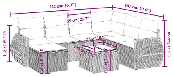 VidaXL Polyrattan Kerti Ülőgarnitúra - 8 részes - Fekete