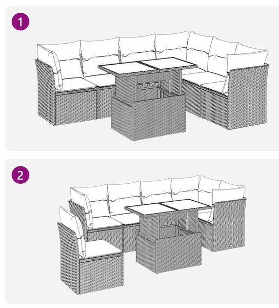 VidaXL 7 részes fekete polyrattan akácfa kerti ülőgarnitúra párnákkal