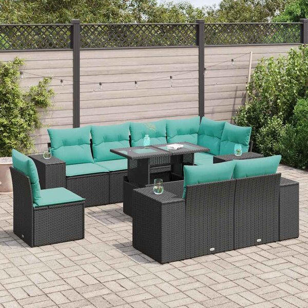 VidaXL 9 részes fekete polyrattan akácfa kerti ülőgarnitúra párnákkal