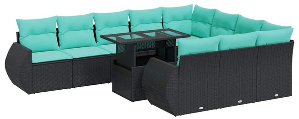 VidaXL 11 részes fekete polyrattan akácfa kerti ülőgarnitúra párnákkal