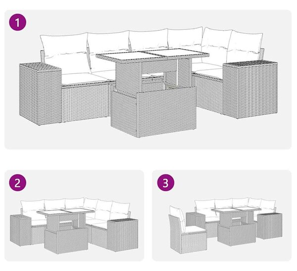 VidaXL 6 részes fekete polyrattan akácfa kerti kanapészett párnákkal