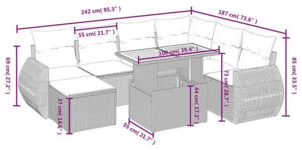 VidaXL Polyrattan Kerti Ülőgarnitúra - 8 részes - Fekete