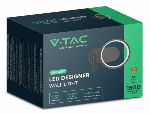 V-TAC 14W Fali designer lámpa, fekete házzal, természetes fehér - SKU 14980