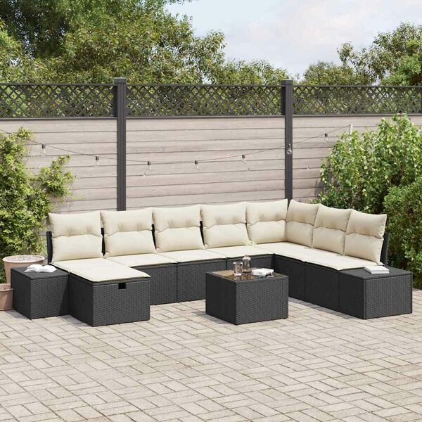 VidaXL Kerti Kanapé Szett párnával 9 pcs Fekete Poli rattan