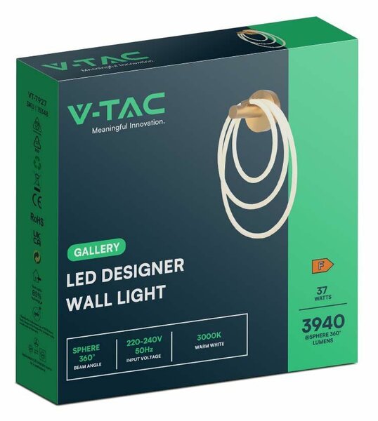 V-TAC 3 körös 37W fali lámpa, arany házzal, meleg fehér - SKU 15348