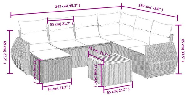 Polyrattan Kerti Ülőgarnitúra - 8 részes - Fekete