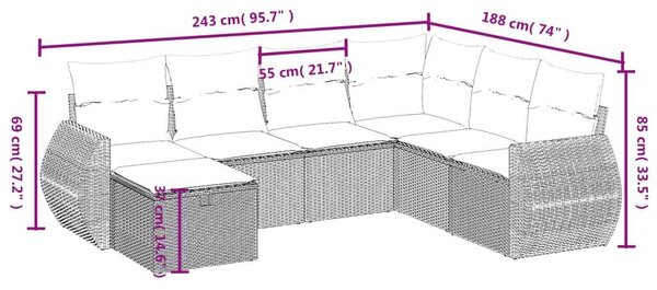 Polyrattan Kerti Ülőgarnitúra - 7 részes - Fekete