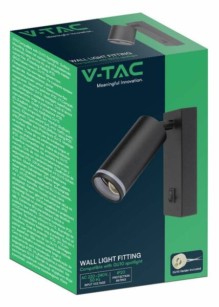 V-TAC fekete fali lámpa kapcsolóval, GU10 foglalattal - SKU 10294