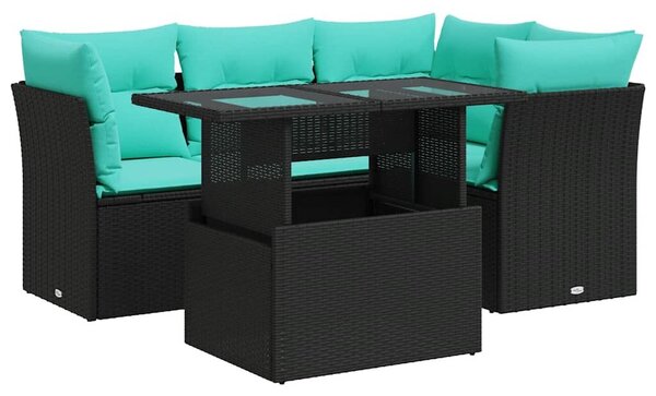 VidaXL 5 részes fekete polyrattan akácfa kerti kanapészett párnákkal