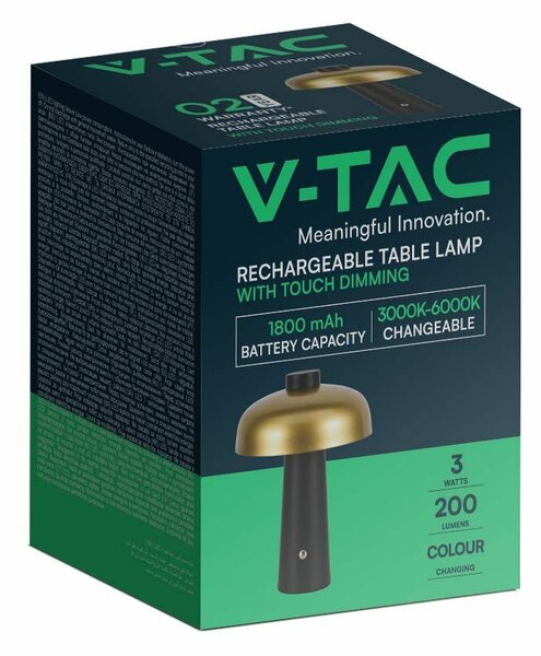 V-TAC 3W fekete és arany, érintéssel vezérelhető akkumulátoros LED lámpa, CCT - SKU 7946