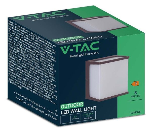 V-TAC szögletes 8W fali lámpa, IP65, Corten barna, meleg fehér - SKU 10282