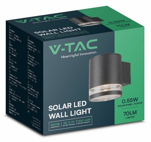 V-TAC napelemes 0.55W fali lámpa, IP54, meleg fehér, fekete házzal - SKU 23012