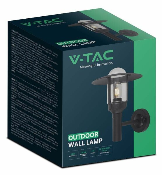 V-TAC kültéri fali lámpa, üveg búrával, fekete, E27 foglalattal - SKU 10422