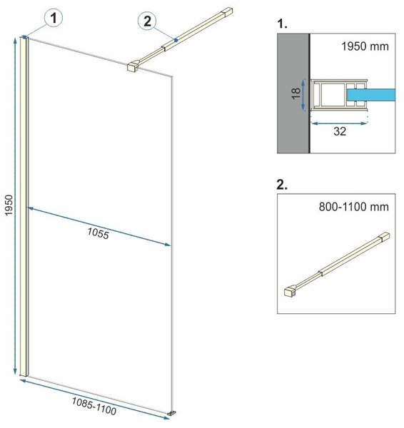 Rea Aero, küszöb nélküli zuhanyparaván 110 cm, 8 mm átlátszó üveg, arany fényes profil + EVO polc és akasztó, KPL-K8441