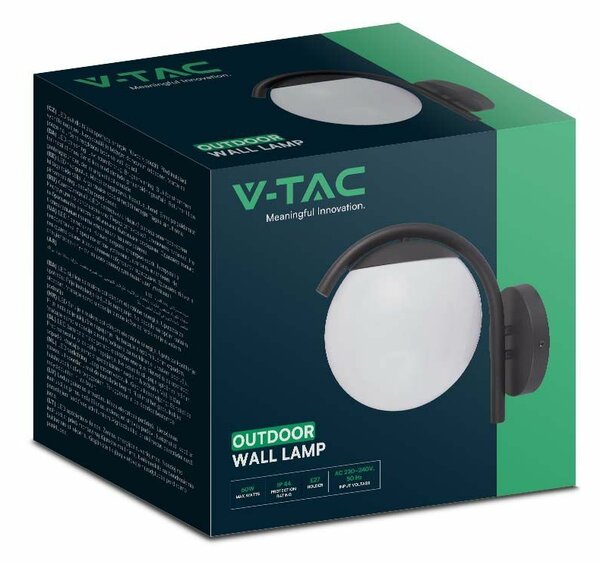 V-TAC kültéri fali lámpa, gömb búrával, fekete, E27 foglalattal - SKU 10420