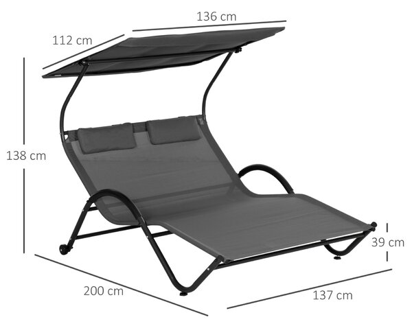 Outsunny dupla napozóágy állítható háttámlával, kerekekkel, párnázott fejtámlával és napellenzővel, 200 x 137 x 138 cm, szürke