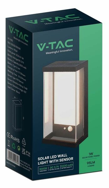 V-TAC napelemes fali IP65 LED lámpa, szenzorral, fekete házzal, meleg fehér - SKU 23032
