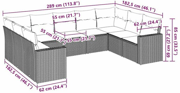 VidaXL U alakú Kerti Garnitúra - 9 részes - Barna Polyrattan